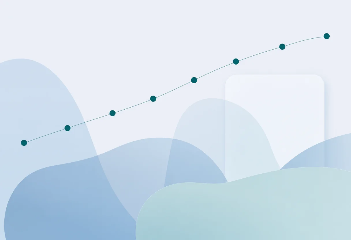 Layered soft blue shapes forming a horizon with a rising arc of connected teal circles, like a plotted forecast curve